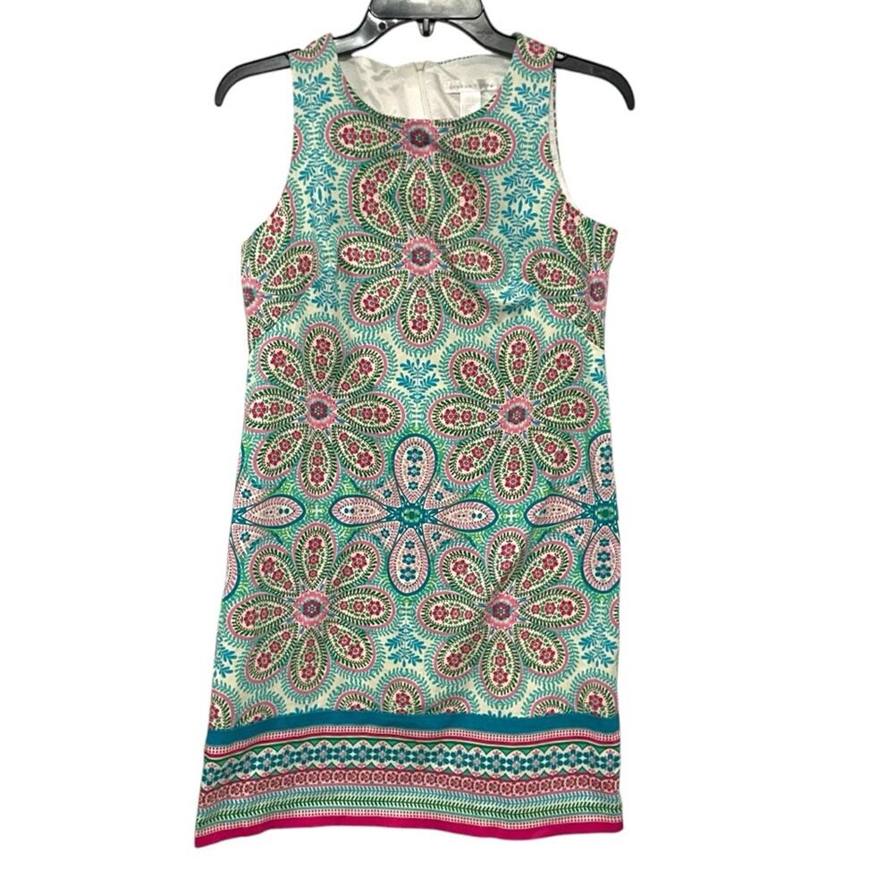 London Times Sleeveless Shift Dress | Green Pink Paisley | Size 4